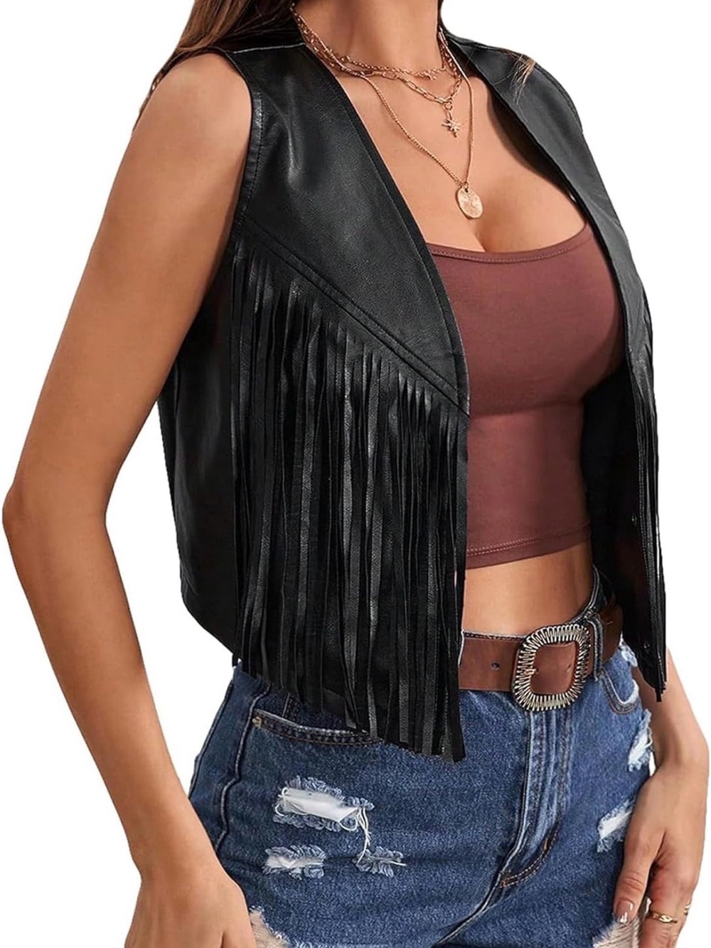 New Women's Black Fringe Faux Leather Vest- size M